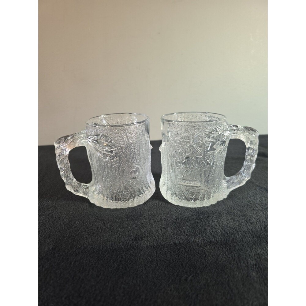 2 McDonalds Flintstones Glass Mug 1993 Clear Frosted TREE MENDOUS MUG RocDonalds